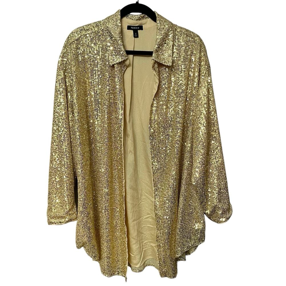 Torrid Sequin Oversized Shirt Kimono 2X Open Front Party Holiday Gold Collared